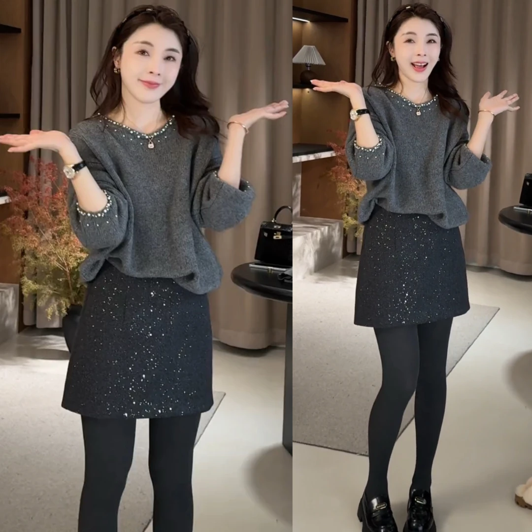 秋冬女士时尚百搭服装毛衣半身裙二件套网红显瘦流行高贵爆款减龄