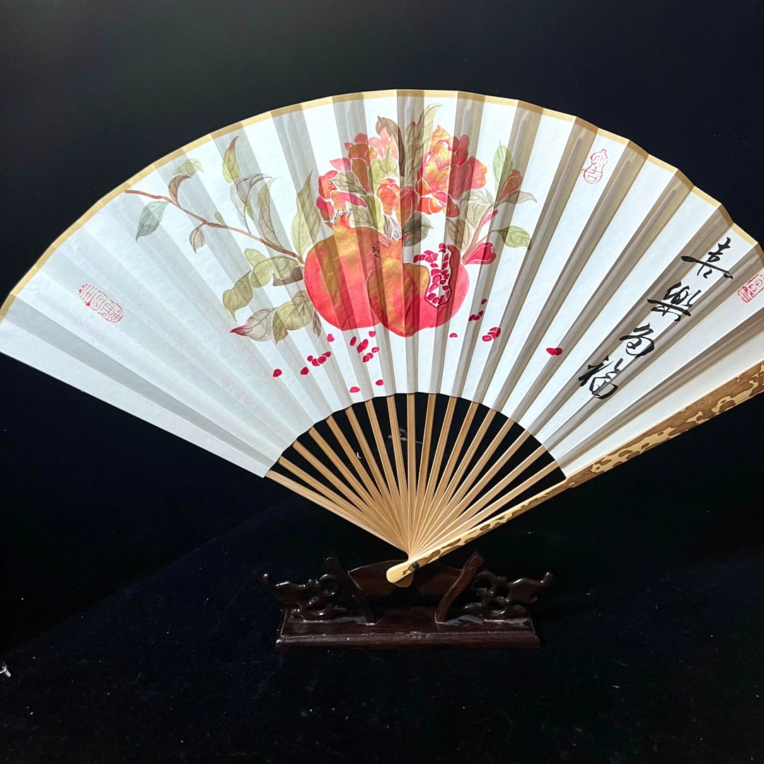 《喜乐多福》9.5寸中秋苏工扇面手工文玩折扇湘妃竹梅妃扇子-带礼盒