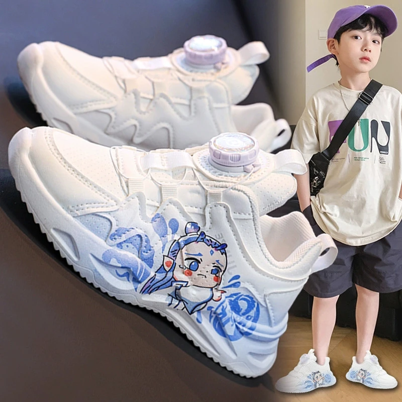 哪吒敖丙男童鞋夏款2025新款中大童学生旋转扣儿童皮面运动小白鞋