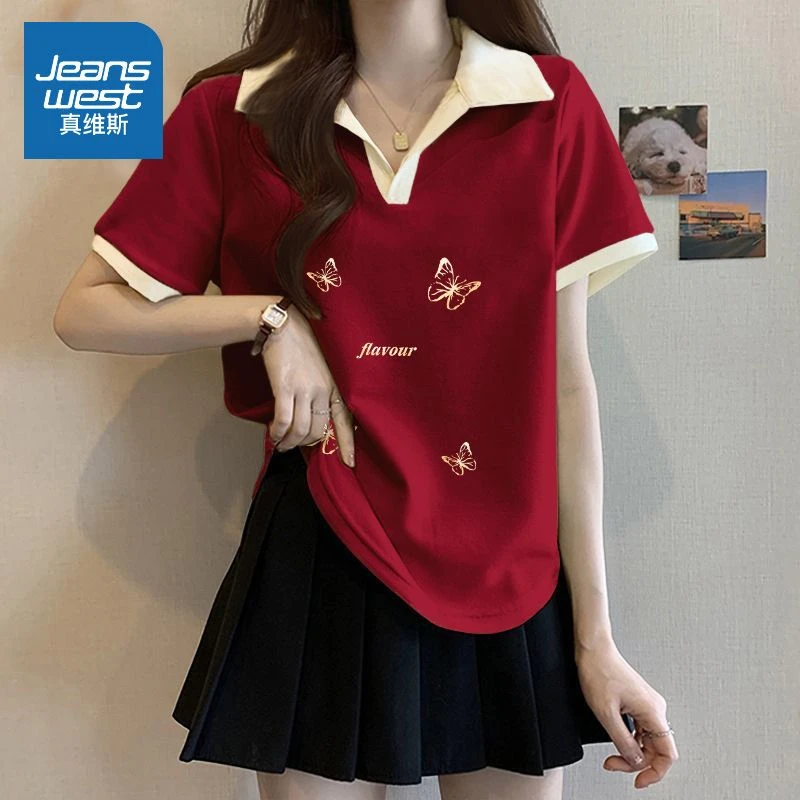 真维斯酒红色纯棉洋气短袖女款2025夏季新款爆款翻领宽松半袖上衣
