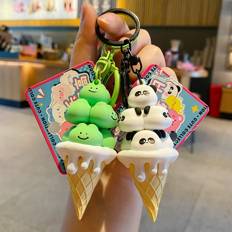 卡通动物派对叠叠乐熊猫钥匙扣女可爱精致滴胶青蛙钥匙链书包挂件