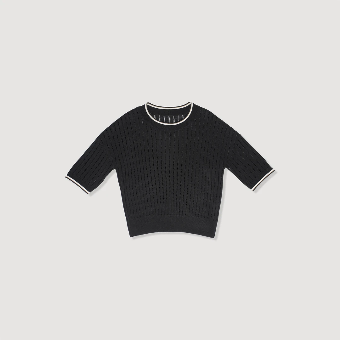 【漫步生花】BC同款撞色螺纹圆领镂空亚麻半袖网眼针织衫25C4075