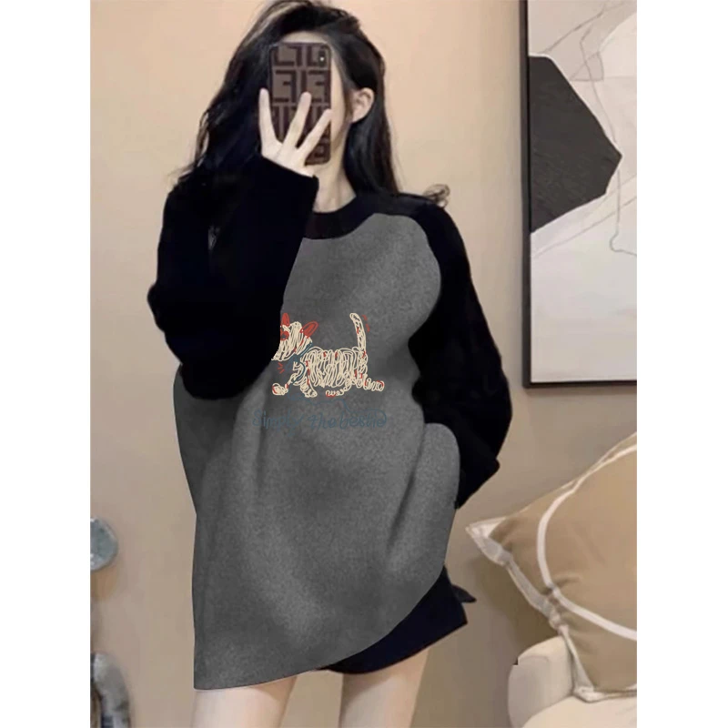 插肩加厚德绒磨毛长袖t恤女中长款搭配鲨鱼裤宽松上衣遮屁股打底