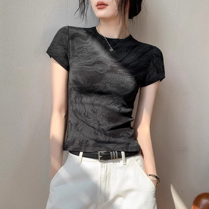 设计感圆领扎染正肩短袖T恤夏季新款修身百搭通勤欧若风上衣女