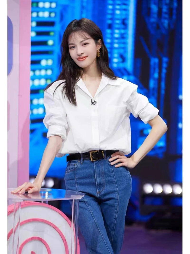 钟楚曦白色长袖衬衫女2025早春新款简约通勤宽松百搭上衣韩版衬衣