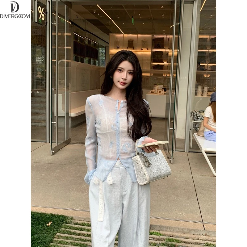 坤总法式刺绣蓝色长袖衬衫女高级感气质肩正上衣夏季新款