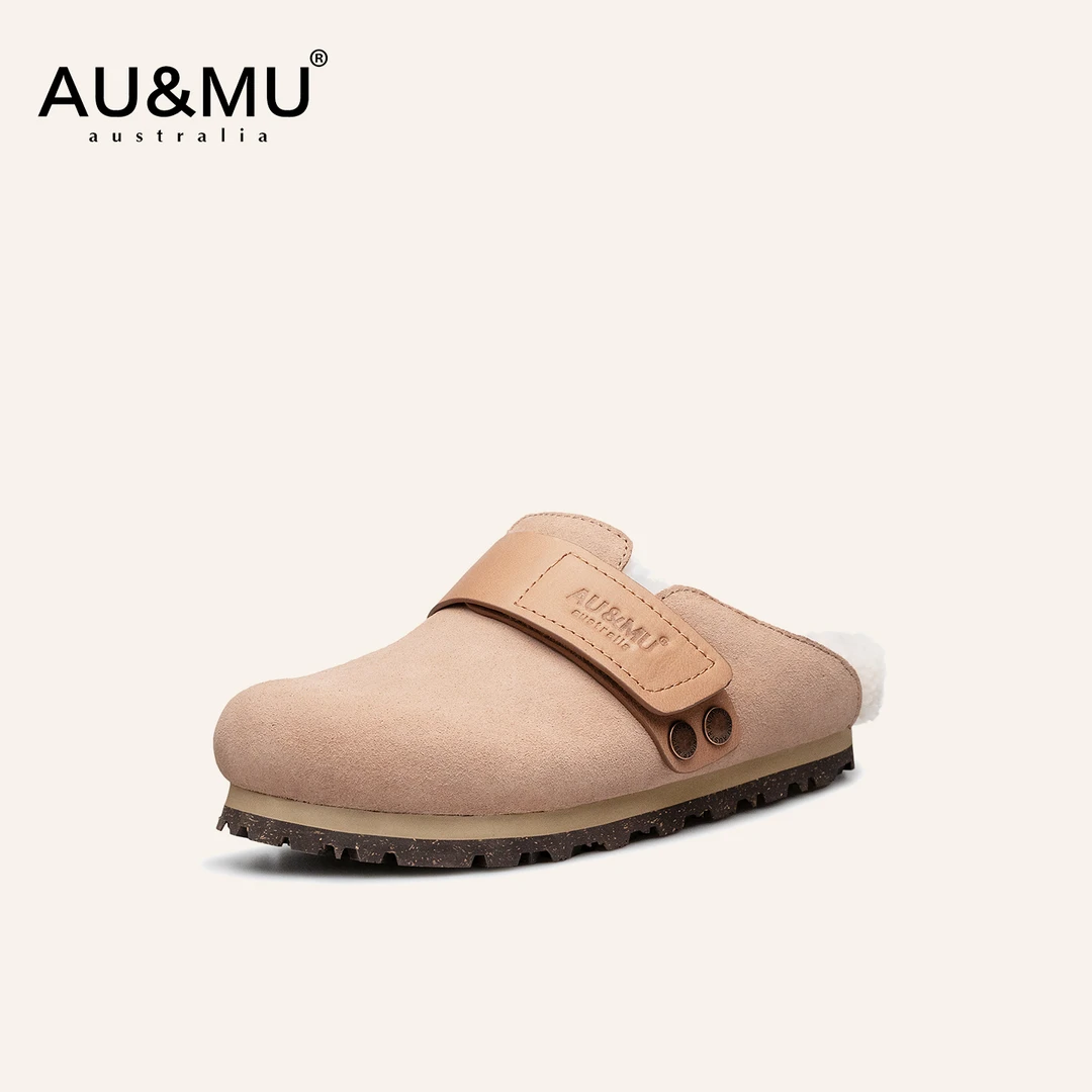 AUMU2025秋冬新品加绒勃肯鞋女时尚软木底包头保暖毛毛拖鞋子3133