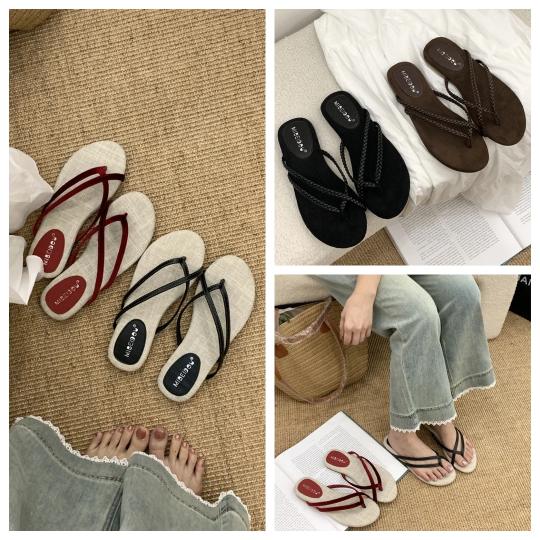 ins松弛感度假网红人字拖亚麻编织美学夹绳平底沙滩拖鞋休闲拖