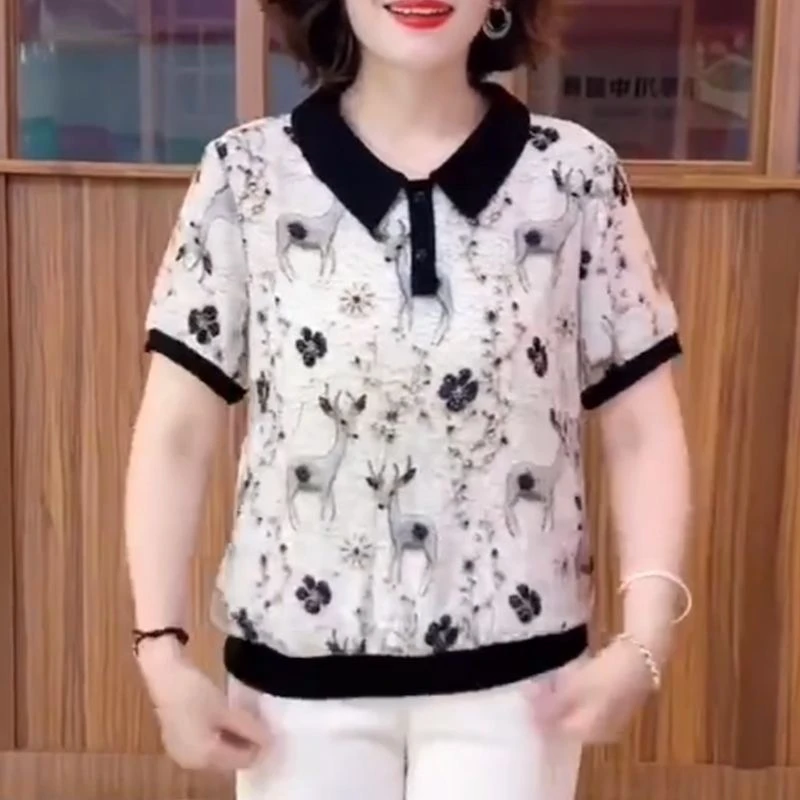 新款时尚妈妈宽松T恤翻领夏季中老年气质显瘦洋气减龄上衣短袖