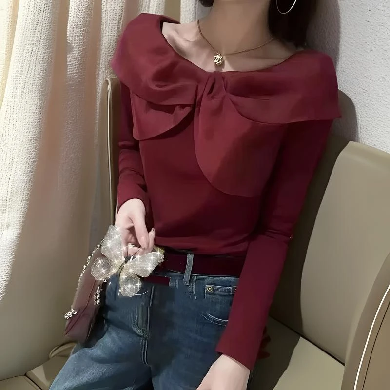 设计感一字肩蝴蝶结长袖T恤女欧货2024秋冬新款修身显瘦长袖上衣
