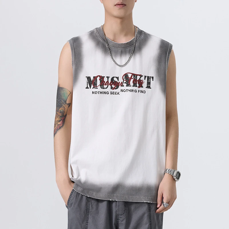 潮牌字母印花纯棉背心男夏季美式休闲宽松坎肩运动黑色圆领打底衫