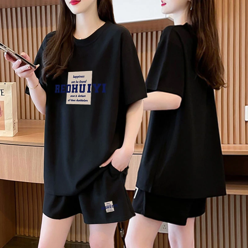 胖mm大码显瘦休闲百搭运动套装女夏季韩版短袖短裤网红两件套