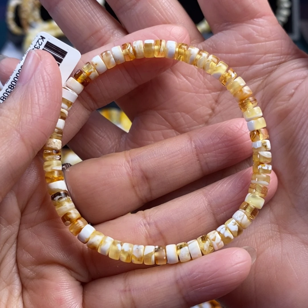 琥珀未镶嵌裸石金瓷白拉丝纹药片手串5