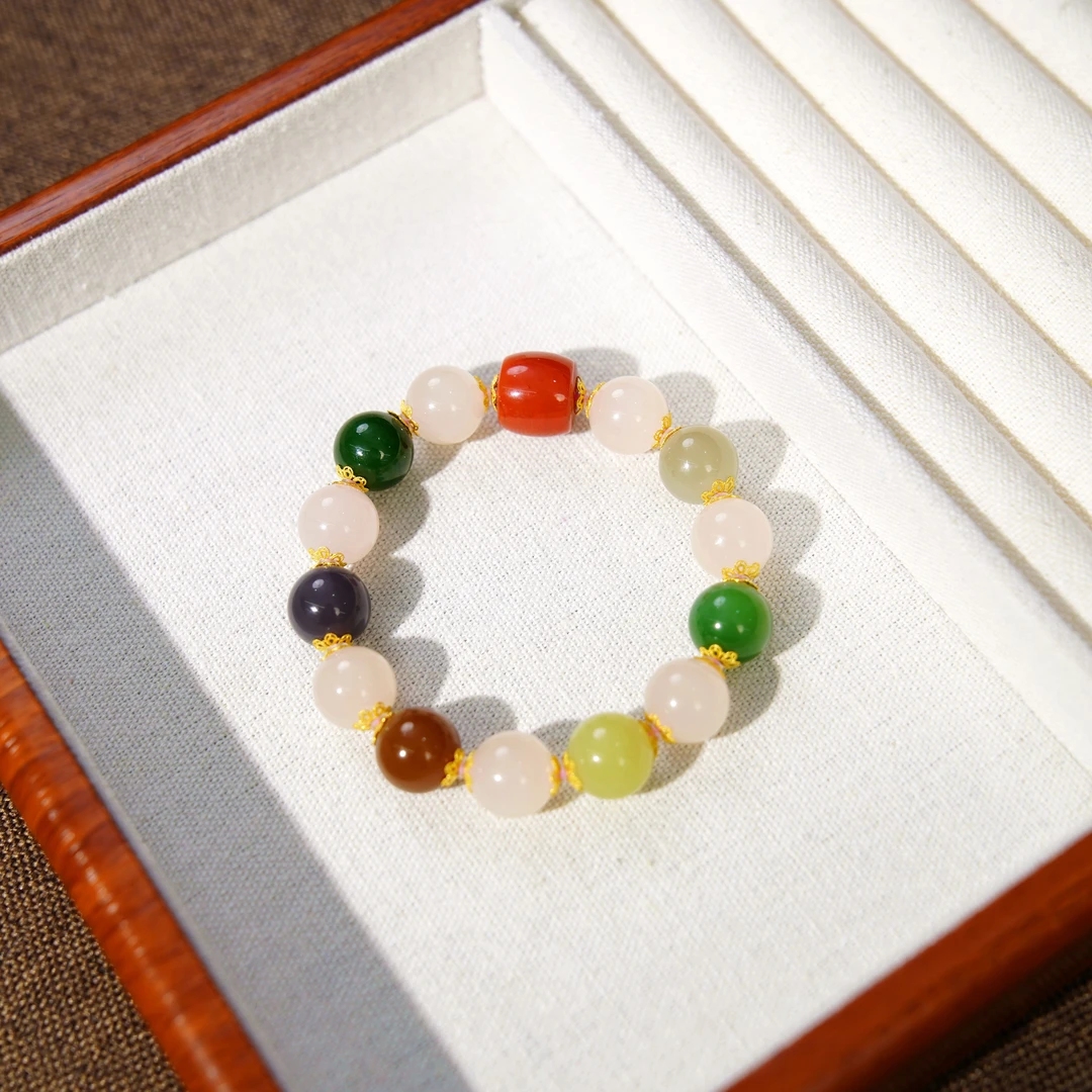 18K收藏级天然和田玉高品级多宝单圈女士手串12mm配南红