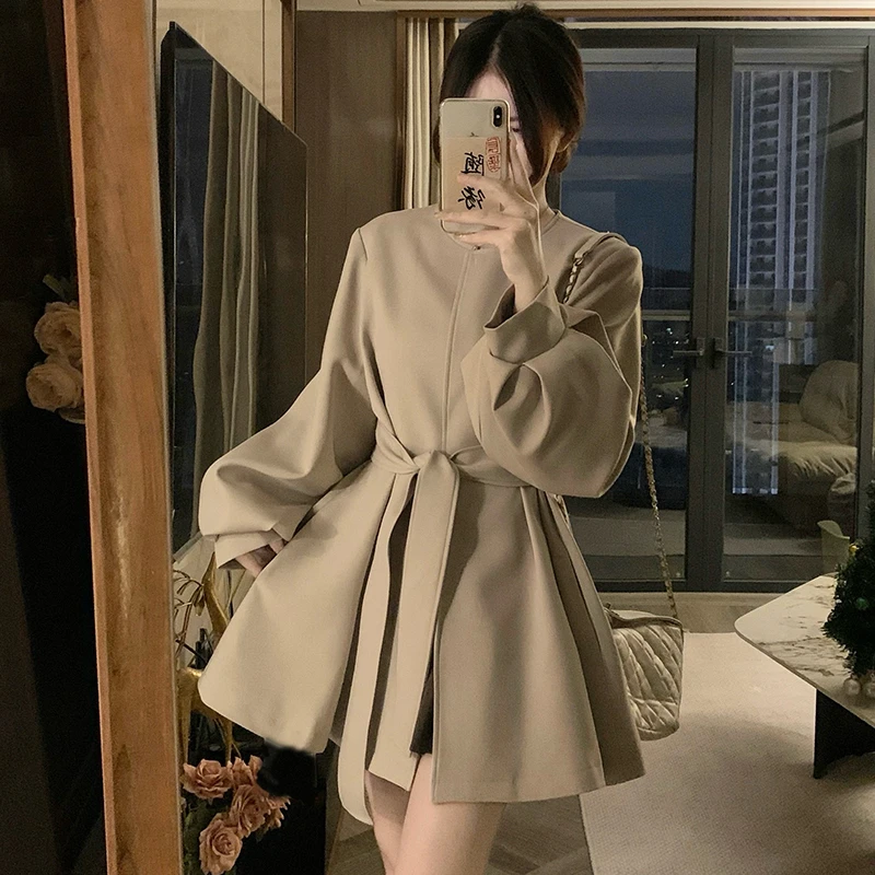 实拍气质圆领系带风衣外套女中长款2025秋季新款大衣风衣外套女潮