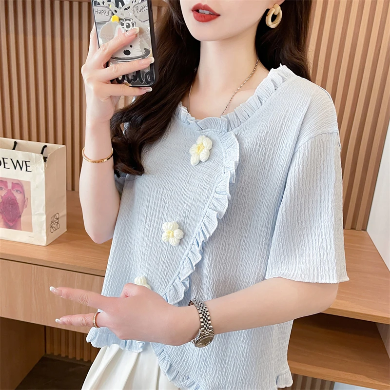 木耳边短袖t恤女2025新款夏季韩版宽松设计感小众洋气减龄上衣服