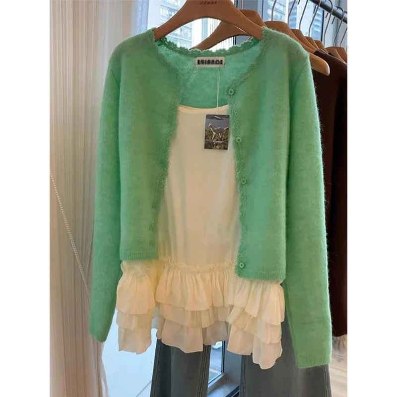韩系慵懒苹果绿色浣熊绒毛衣外套女春秋高级感外搭多巴胺针织开衫