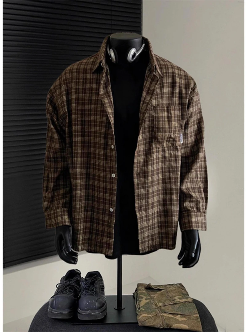 美式复古棕色格子衬衫男春秋美拉德宽松格纹长袖衬衣内搭外套