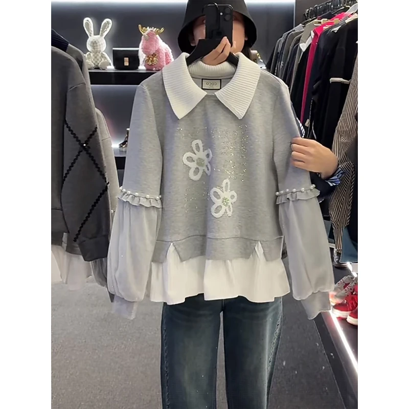 假两件拼接polo领花朵卫衣女2025冬季新款钉珠设计感减龄小众上衣