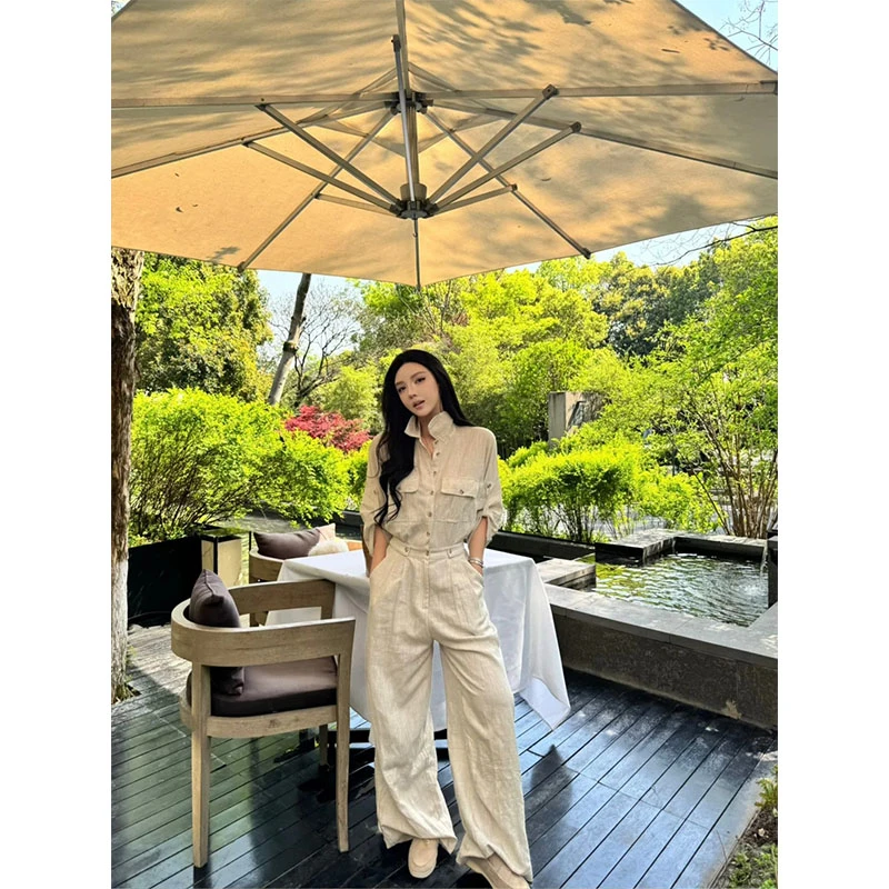 夏季新款老钱风设计感宽松小众衬衫上衣高腰显瘦直筒阔腿裤套装女