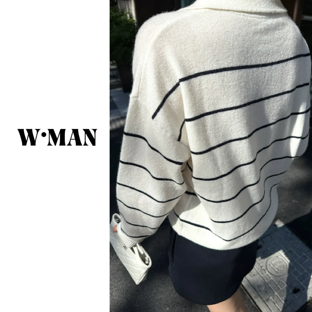 W·MAN“慵懒氛围”100绵羊毛柔软细腻复古条纹polo领针织衫