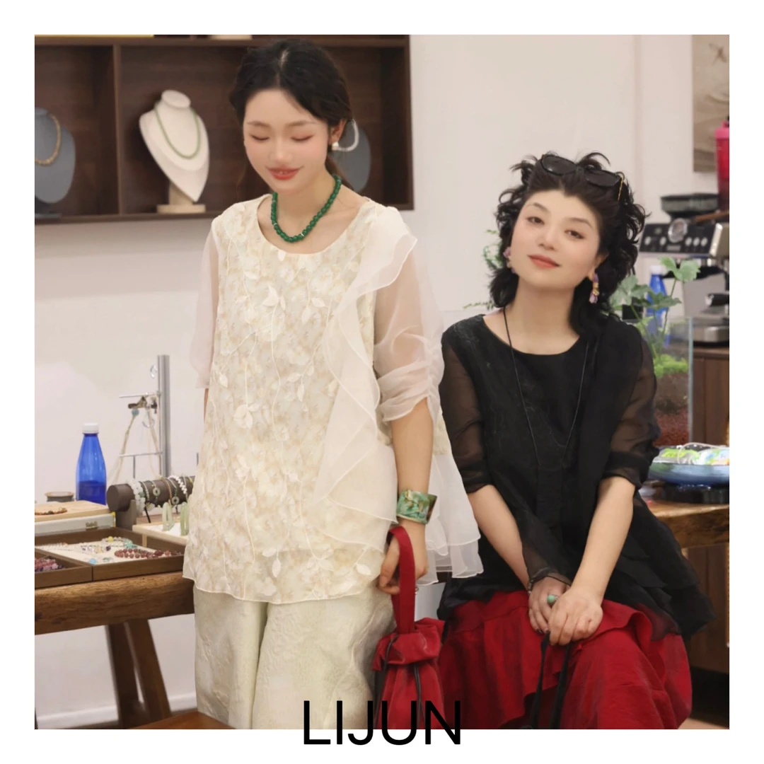 篱君【幻影】1917夏季圆领小衫民族风夏季潮流黑色女士提花短袖女士