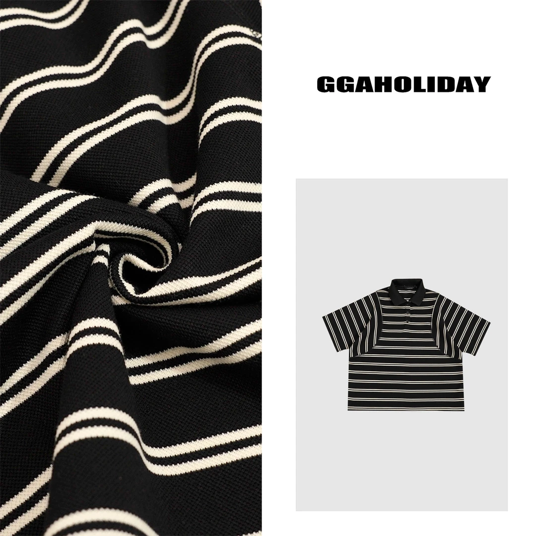GGAHOLIDAY时尚休闲百搭宽松复古半袖黑白条纹POLO衫T恤-152387