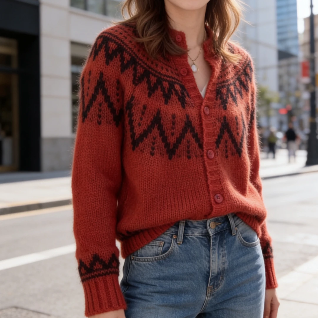 时尚设计感提花长袖针织开衫女秋冬2026新款气质洋气慵懒红色毛衣