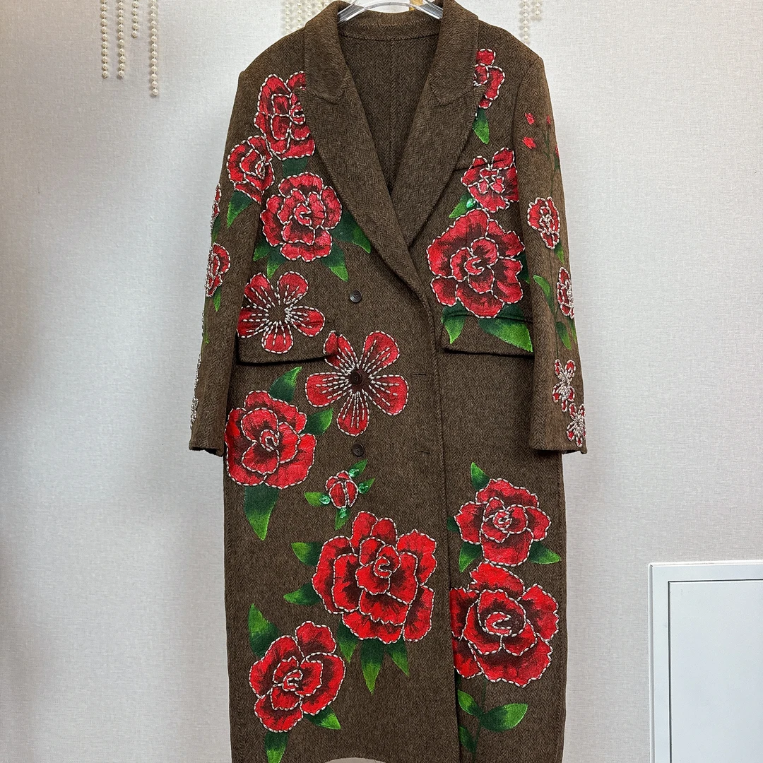 RR1903锐宝潮牌欧美风设计师重工手绘花朵豹纹长款大衣外套