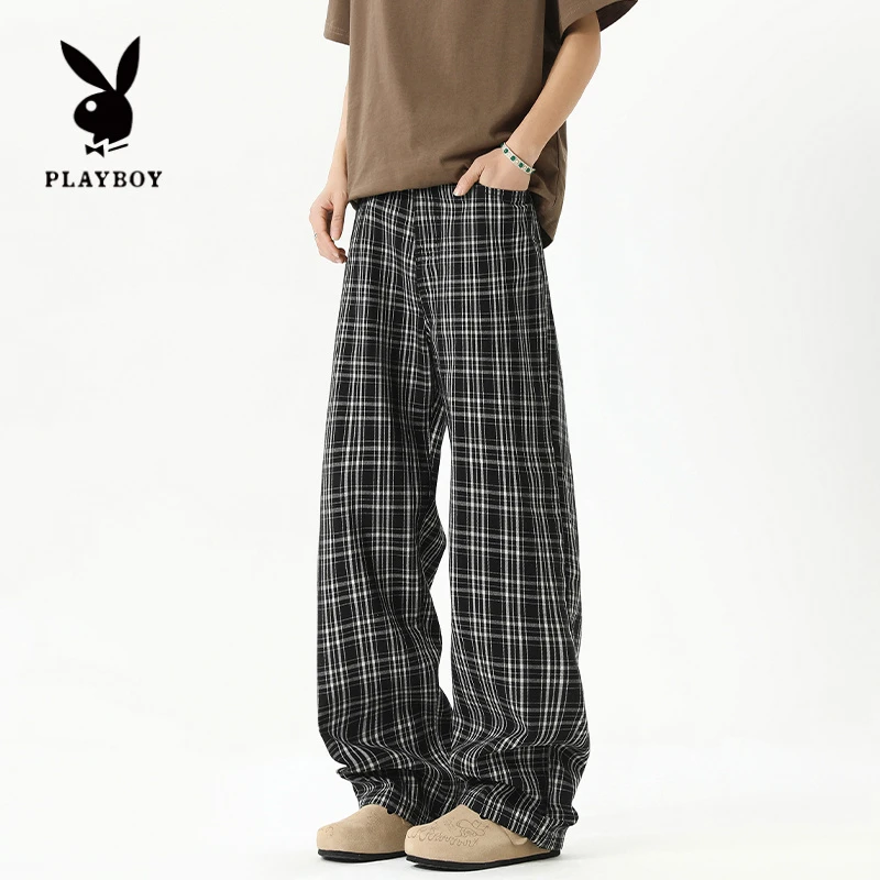 PLAYBOY/花花公子黑色格子休闲裤男夏季宽松直筒裤潮牌百搭阔腿裤