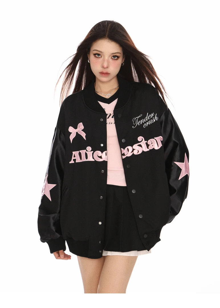 美式时尚女简约休闲通勤韩版刺绣棒球服百搭撞色女装秋冬外套