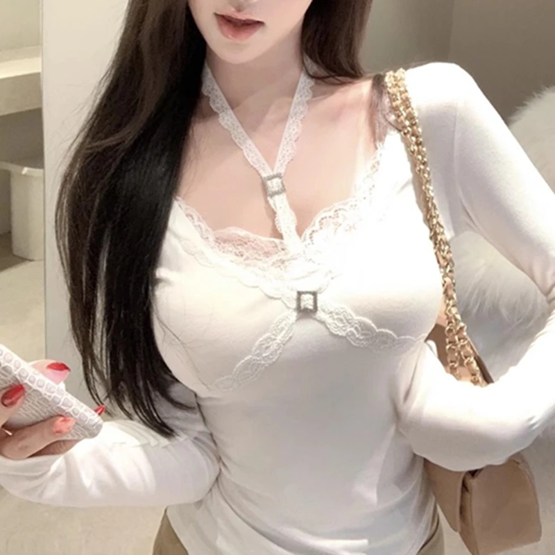 春季打底衫蕾丝拼接挂脖长袖显瘦T恤女紧身内搭纯欲修身辣妹上衣