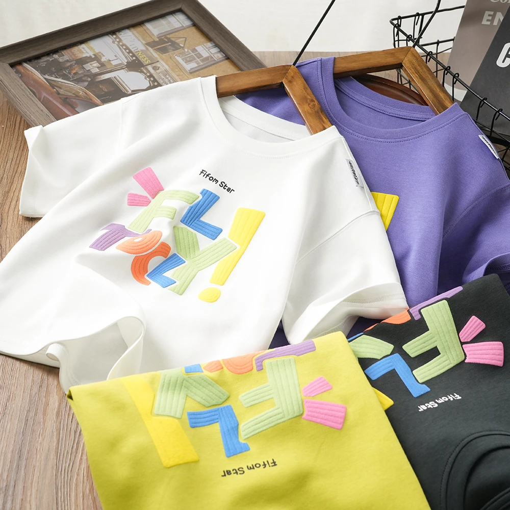 夏季时尚彩色发泡字母休闲短袖T恤儿童潮流半袖中大童25235