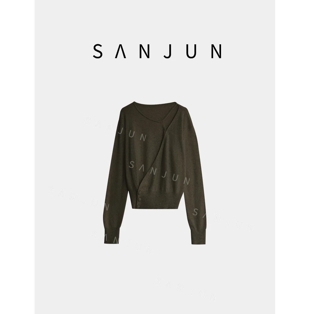 SANJUN 高端定制 不规则三粒扣收腰显瘦针织长袖毛衣 258020