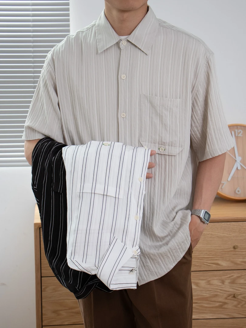 ZK【岚纹】肌理感细条纹夏季免烫垂感轻薄宽松透气短袖衬衫男