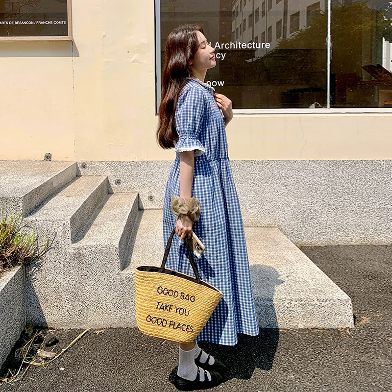 甜美减龄蓝色格子连衣裙女夏2025新款学院风巨好看小众不撞款裙子