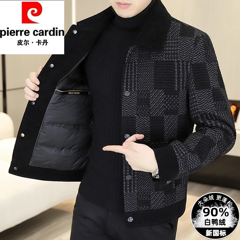皮尔卡丹男士毛呢外套短款翻领冬季新款保暖夹克格子白鸭绒羽绒服