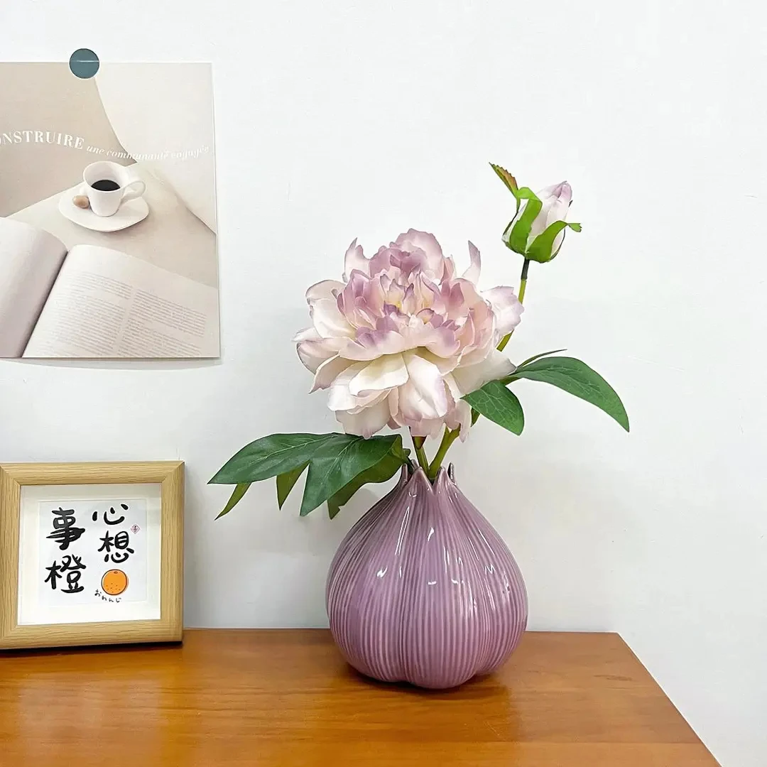 ins紫牡丹仿真花创意洋葱陶瓷花瓶高级感蒜头插花新奇特新家摆设
