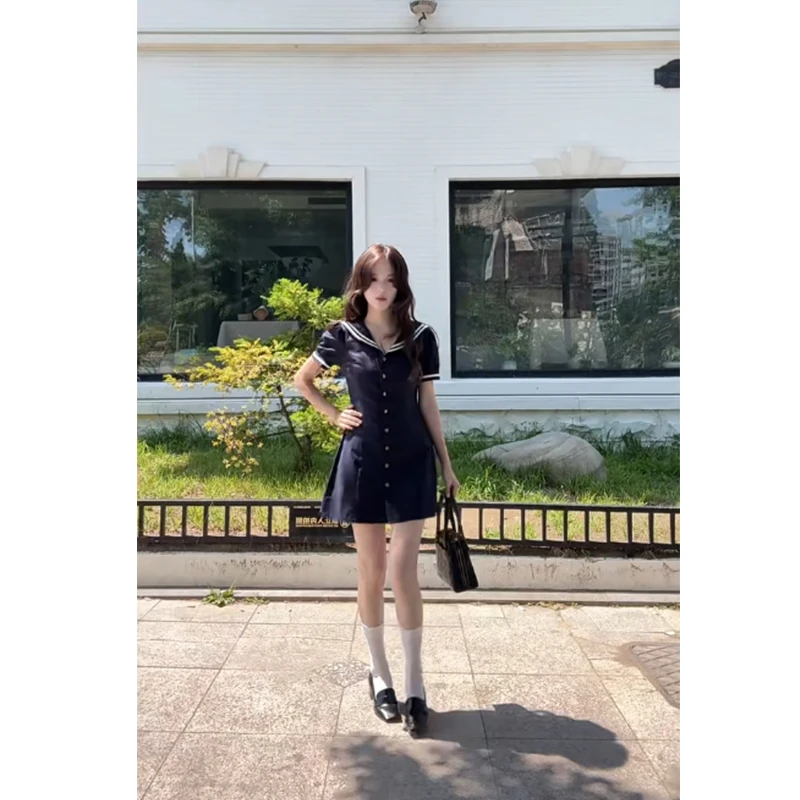 2025年夏季新款法式海军领短袖连衣裙女小个子收腰修身显瘦短裙子