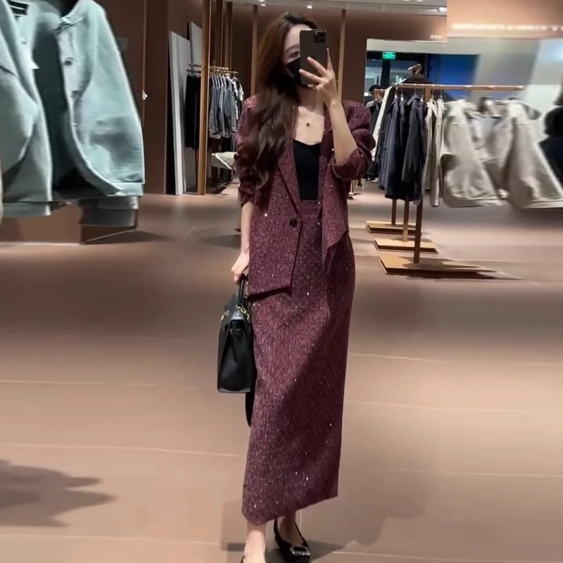 拉夏贝尔时尚套装女秋季新款2025洋气质显瘦V领外套半身裙两件套