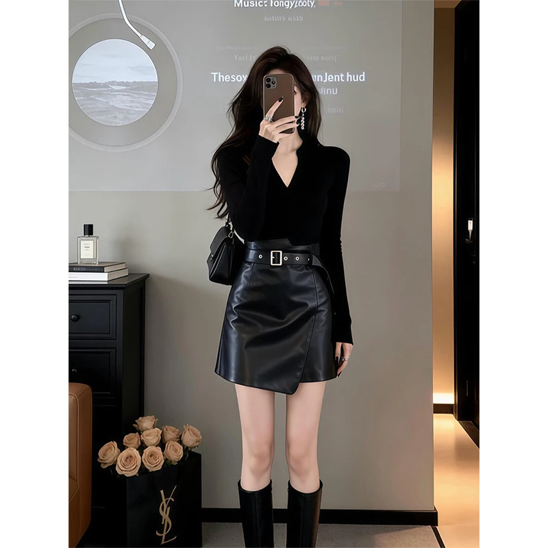 parkyeon辣妹风洋气时尚V领修身针织衫上衣高腰A字半身裙两件套