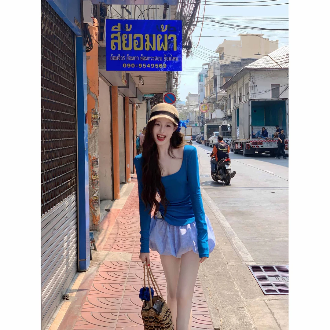 气质御姐穿搭两件套装女早春款新款蓝色上衣纯欲风减龄短裙子ins