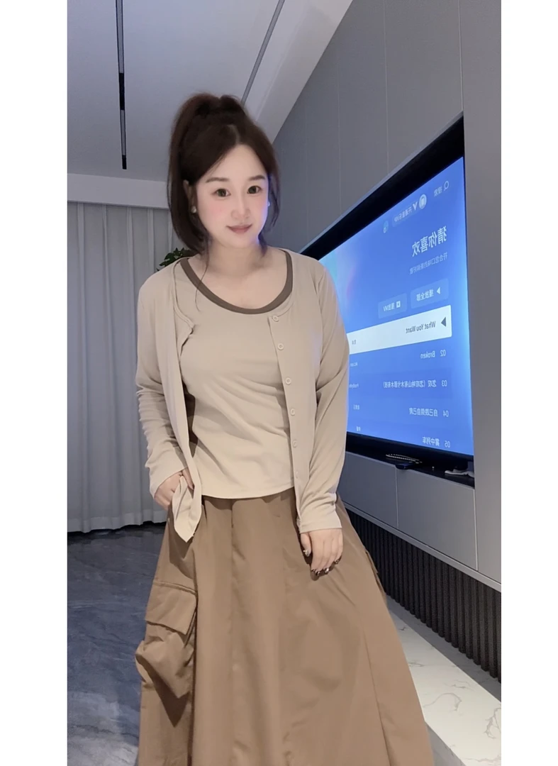 「小吴家」早秋新款吊带背心开衫休闲裙子套装三件套