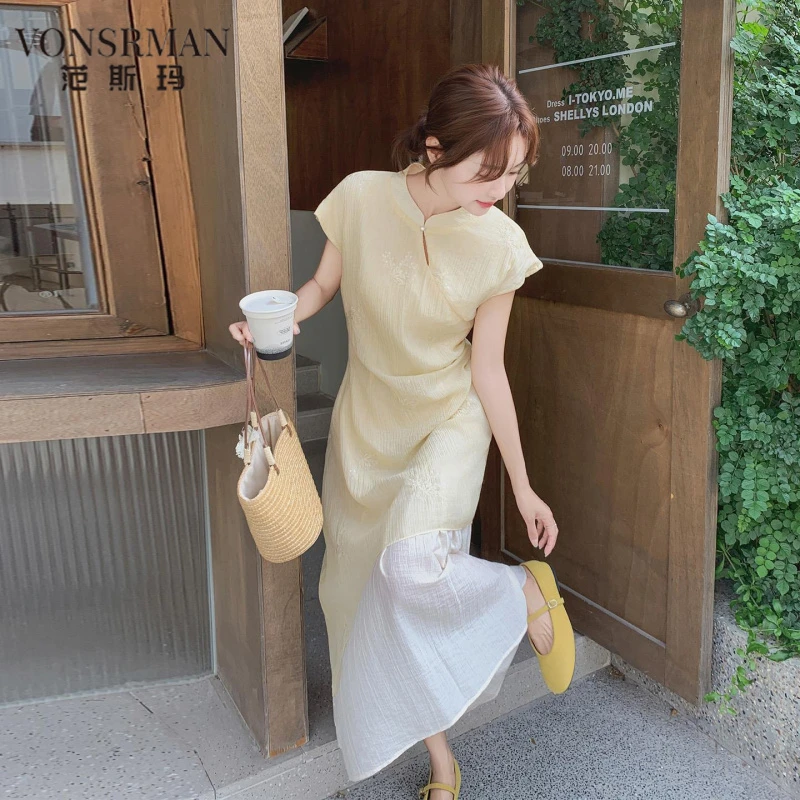 浅黄色新中式国假两件连衣裙女2025夏季新款修身显瘦旗袍改良长裙