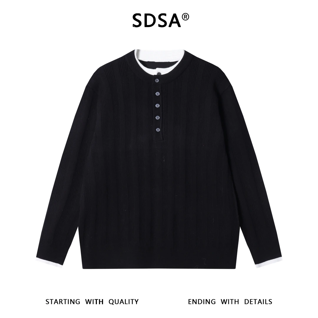SDSA男士秋冬新款痞帅男装复古拼接撞色半纽扣假两件毛衣百搭时尚