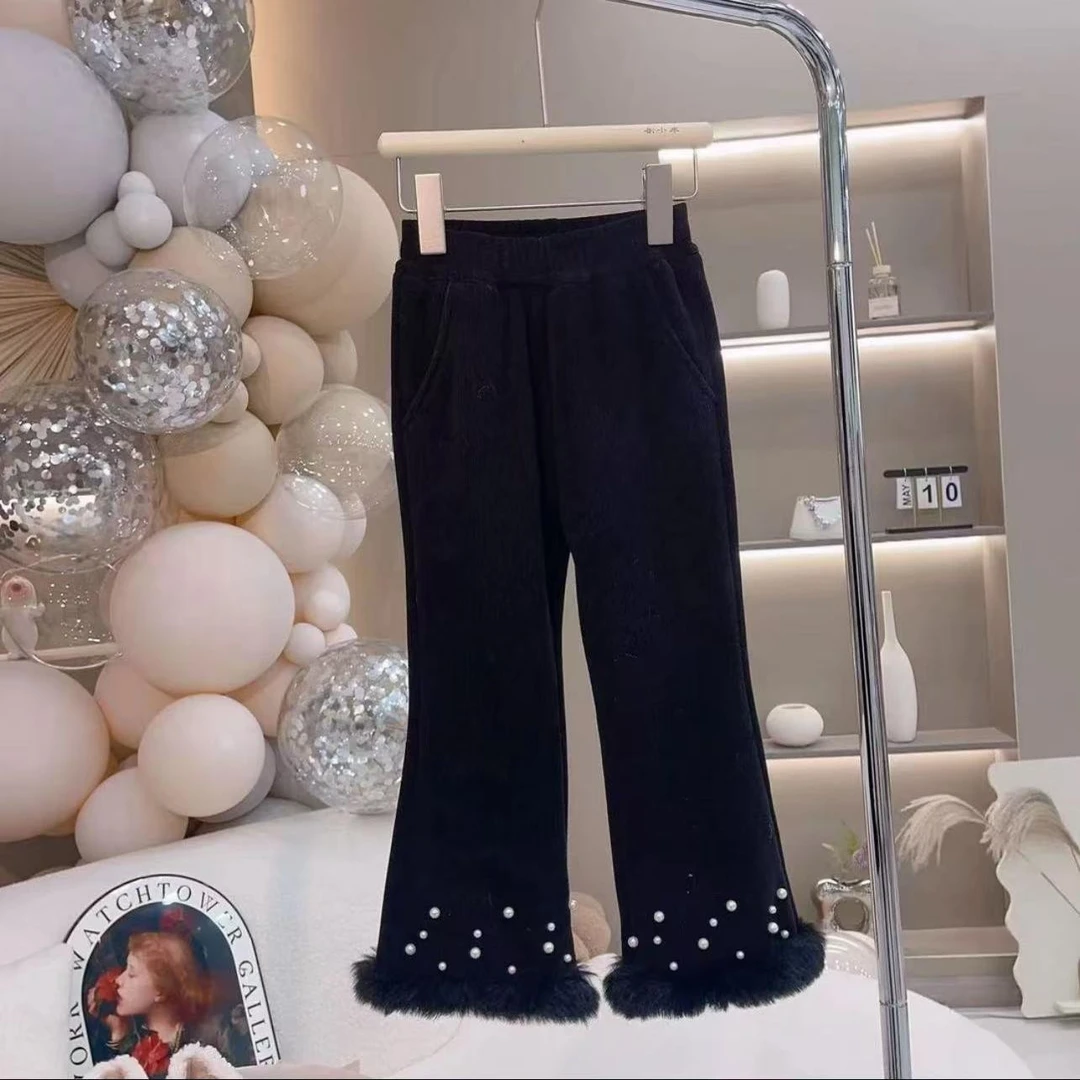 女童加绒喇叭裤秋冬款2025新款儿童时尚百搭珍珠加厚长裤显瘦甜美