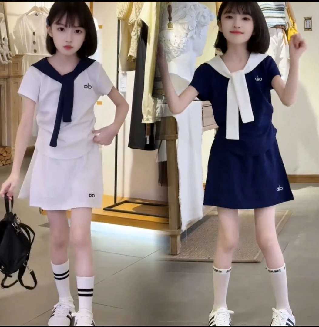 【亲子款】纯棉女童高级感夏海军风运动装25新款纯棉披肩短袖裙裤