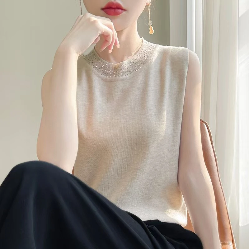 【洋气百搭】精仿烫钻圆领无袖打底背心