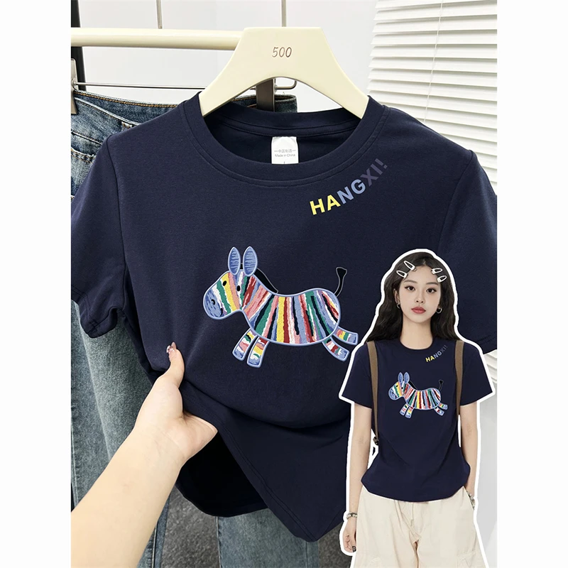 夏季新款正肩短袖T恤女彩虹马印花高弹力打底辣妹修身显瘦棉上衣