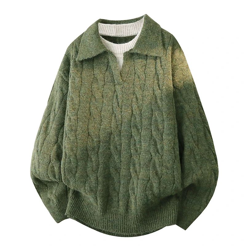 宽松法式复古麻花时尚休闲百搭潮流针织衫翻领毛衣男款冬季上衣